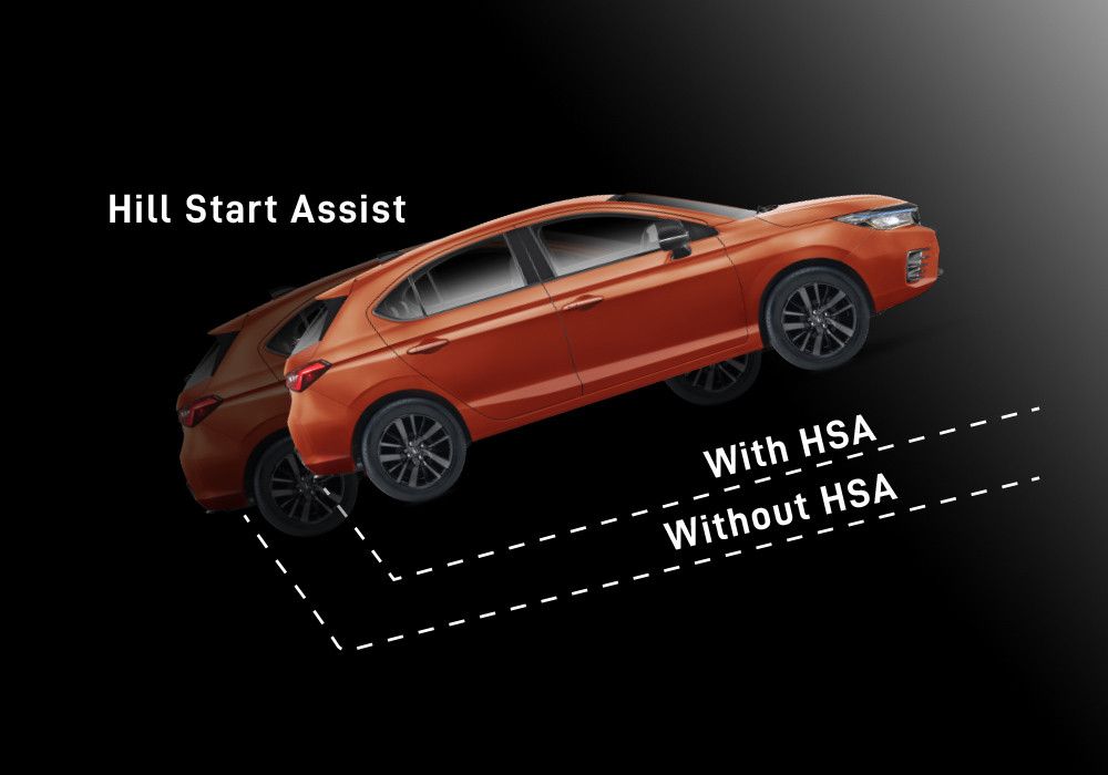 Hill Start Assist (HSA)
Hill Start Assist berfungsi untuk mencegah kendaraan bergerak mundur saat pengemudi memindahkan kaki dari pedal rem ke pedal gas saat berhenti di jalan menanjak.
Sistem ini otomatis berfungsi saat sistem mendeteksi kendaraan berhenti mengahadap jalan menanjak, atau dalam posisi gigi mundur saat kendaraan menghadap jalan menurun.